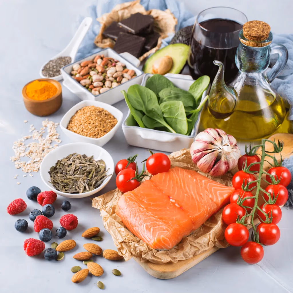 Fresh whole foods on a kitchen table